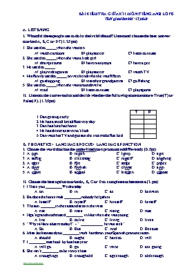 Đề kiểm tra giữa học kỳ 1 môn Tiếng Anh Lớp 8 (Có đáp án)